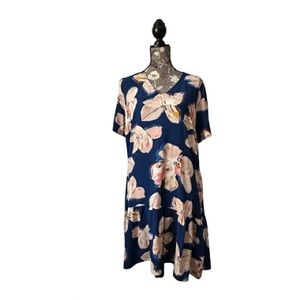 a new day Women M/L Blue Pink Floral Print Short Sleeve Above Knee Relaxed Dress